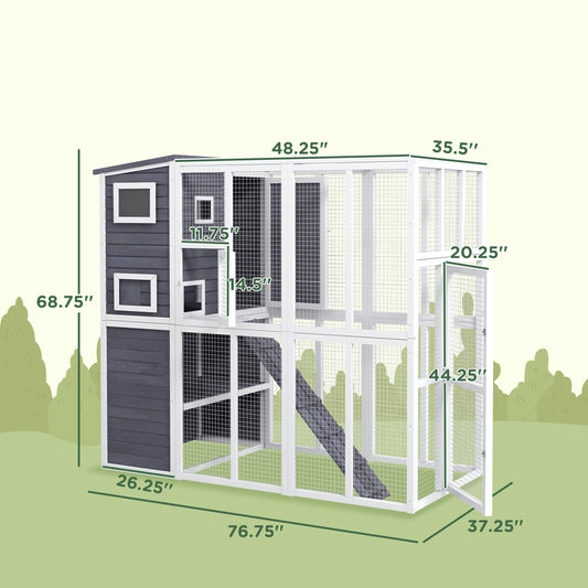 PawHut Wooden Outdoor Catio with Platforms, Asphalt Roof, Ramps, Light Gray