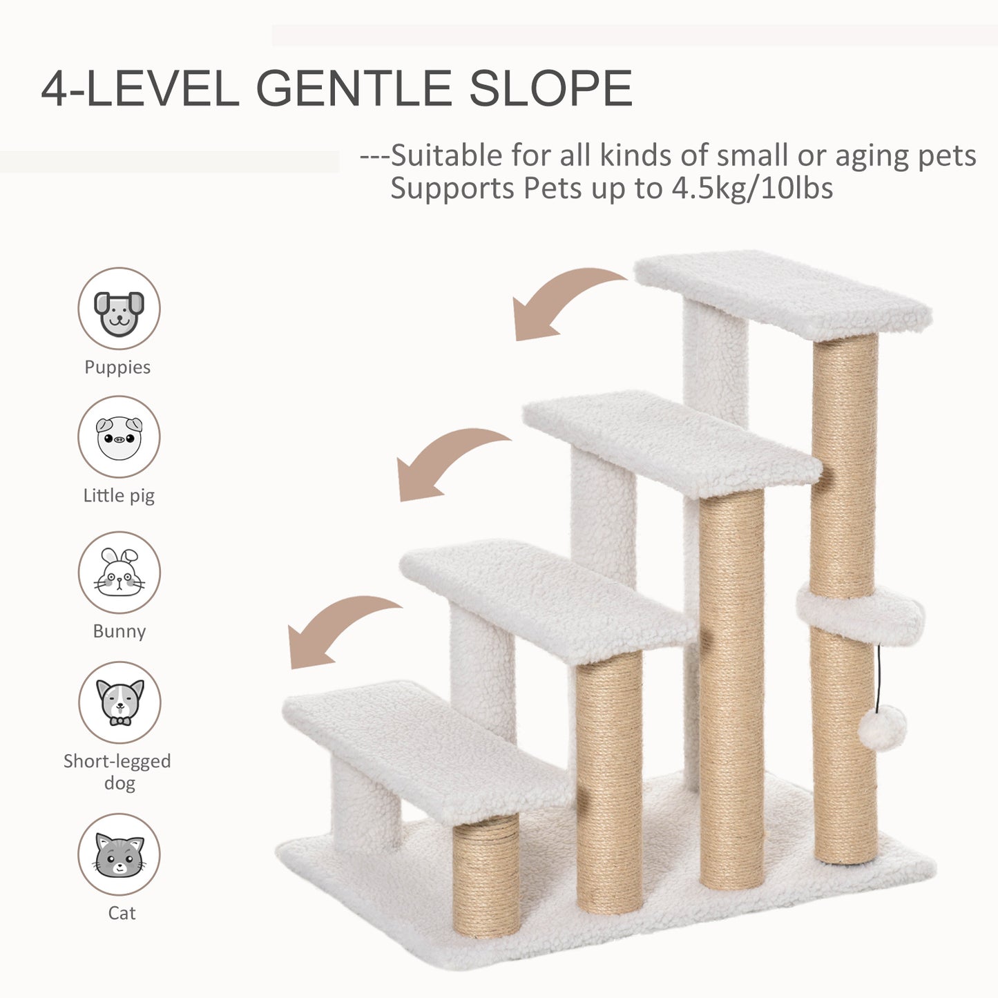 PawHut 4 Levels Cat Steps with Scratching Posts for High Bed, Sofa, White