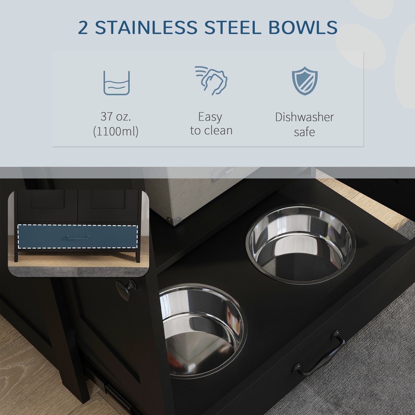 PawHut Pet Feeding Station, Dog Food Storage Cabinet w/ Raised Dog Bowls, Adjustable Panel, Hooks for Medium Dogs, Black