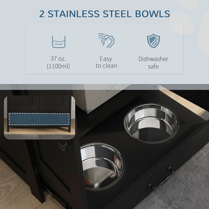 PawHut Pet Feeding Station, Dog Food Storage Cabinet w/ Raised Dog Bowls, Adjustable Panel, Hooks for Medium Dogs, Black