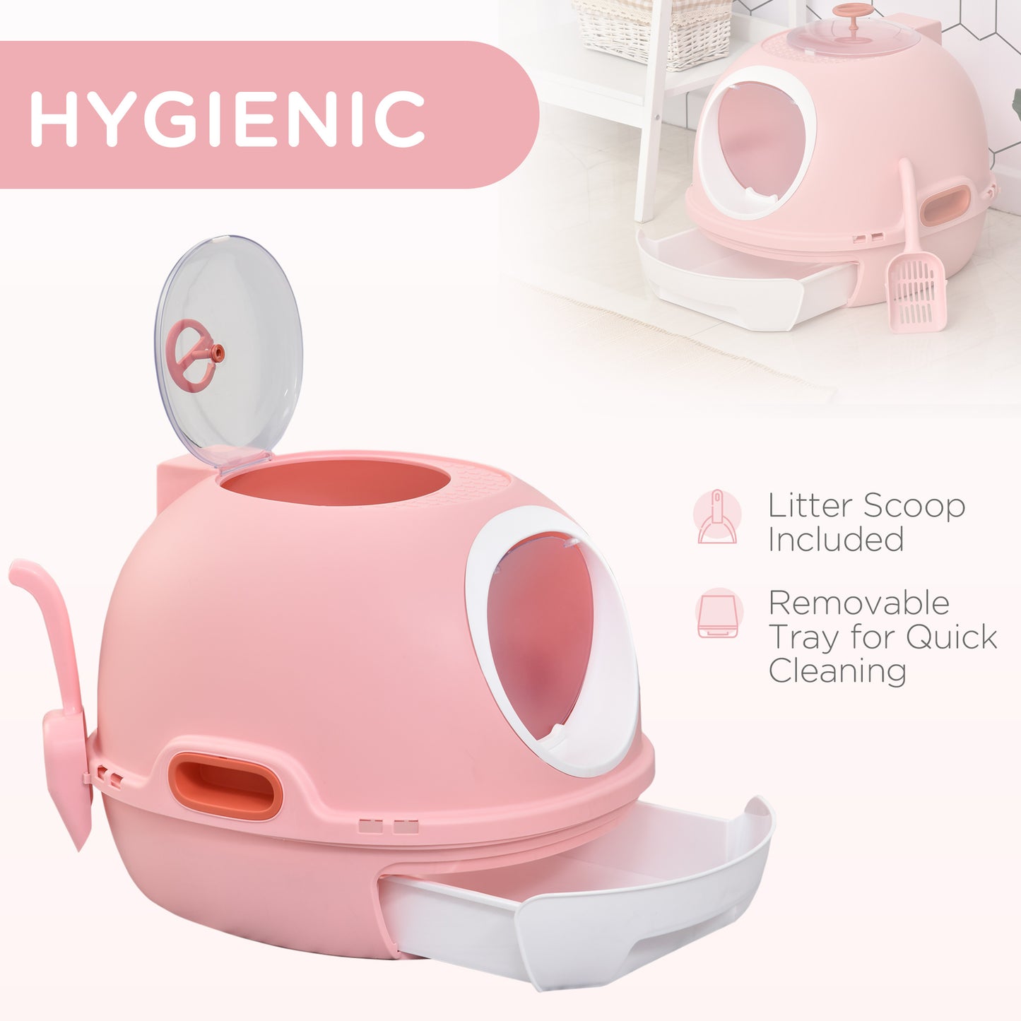 PawHut Cat Litter Box Toilet with Lid, Covered Litter Box with Scoop, Enclosed Drawer, and Skylight, Pink