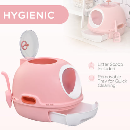 PawHut Cat Litter Box Toilet with Lid, Covered Litter Box with Scoop, Enclosed Drawer, and Skylight, Pink