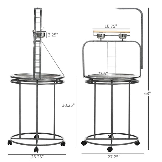 PawHut Parrot Stand Large Bird Perch Stand with Toy Hook & 3 Ladders, Parrot Perch, Bird Wooden Stand, Gray