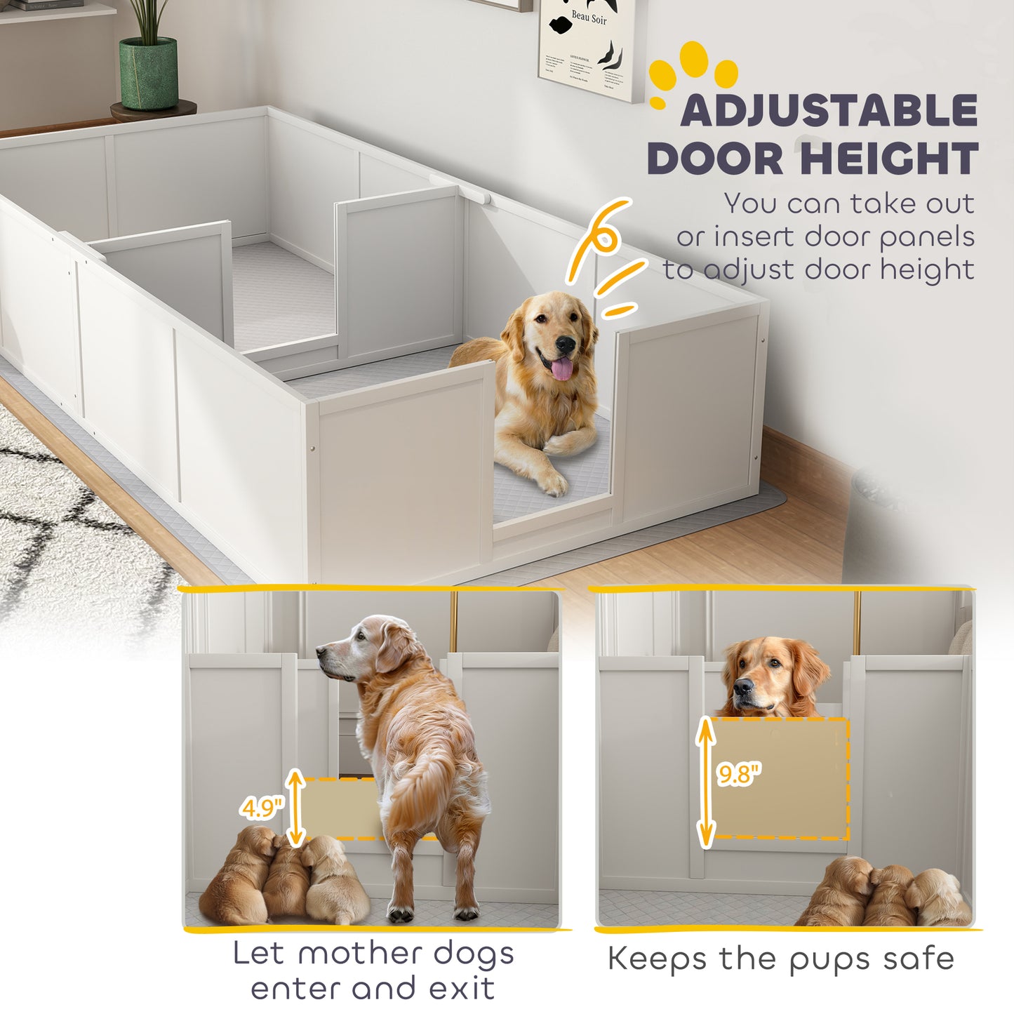 PawHut Whelping Box for Dogs and Puppies w/ Waterproof Pee Pad & Adjustable Door for Large, Medium, Small Dogs,96" x 47" x 19"