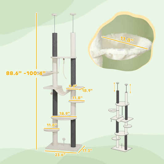 PawHut 89"- 100" Floor to Ceiling Cat Tree with Scratching Posts, Hammock, Perches & Toy Balls, White