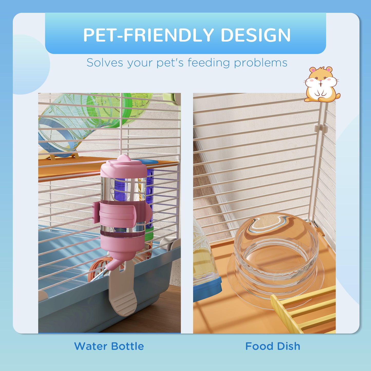 PawHut 5 Tiers Hamster Cage Portable Animal Travel Carrier w/ Exercise Wheels Tube, Light Blue