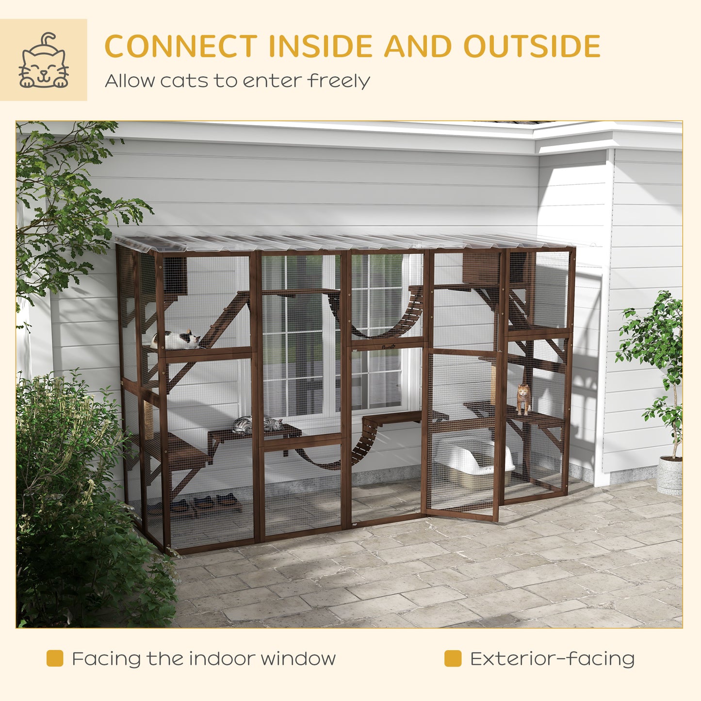 PawHut Catio Playground Cat Window Box Outside Enclosure for Multiple Cats w/ Shelves & Bridges, Coffee Brown