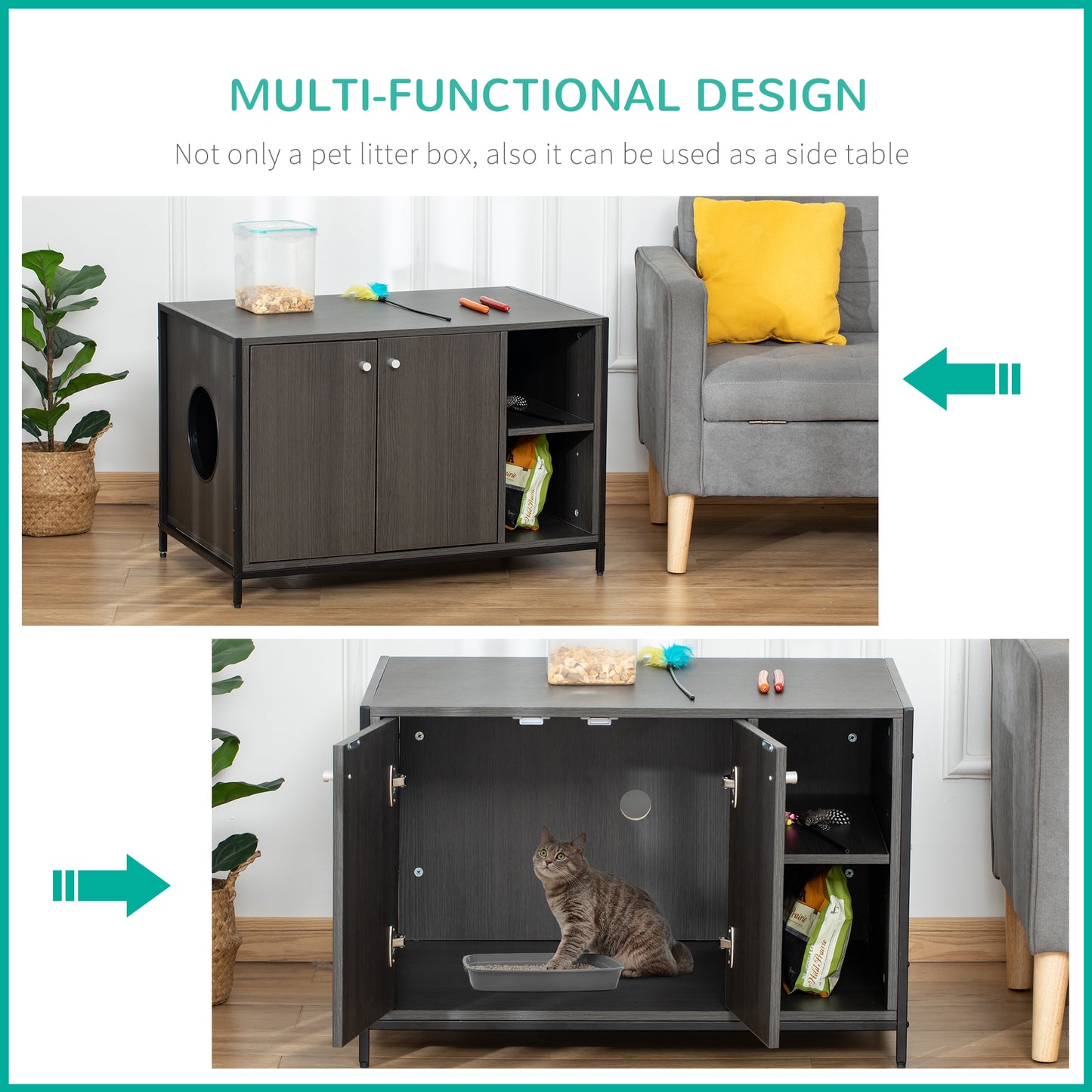 PawHut Large Wooden & Steel Cat Litter Box Enclosure, Kitten Washroom End Table, Indoor Hidden Cat House with Magnetic Doors & Storage Shelves, Black