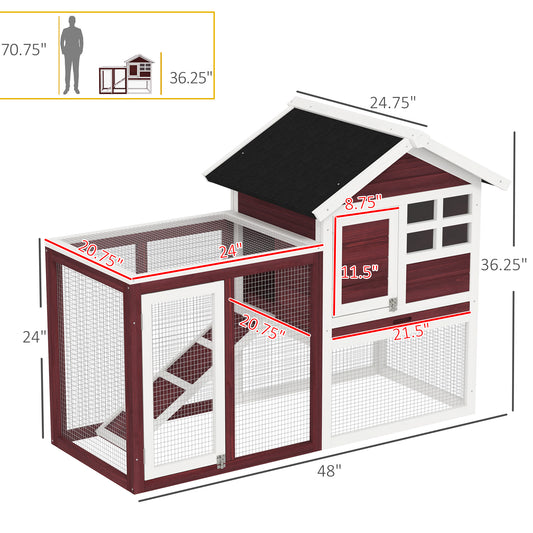 PawHut 48" Wooden Rabbit Hutch Bunny Cage with Waterproof Asphalt Roof, Fun Outdoor Run, Removable Tray and Ramp, for Rabbits, Chickens, Ducks, Brown