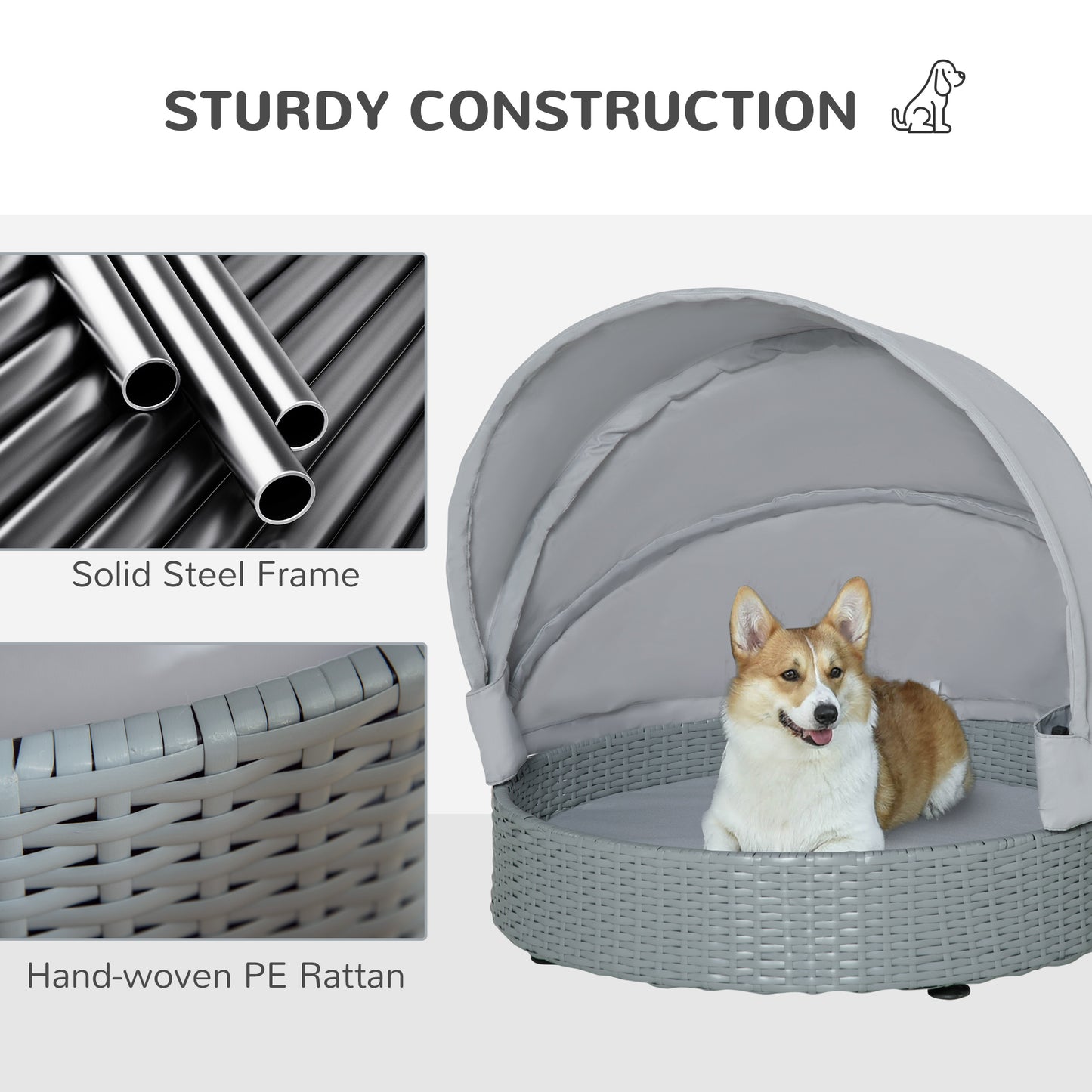 PawHut Wicker Dog Bed Rattan Pet Sofa with Adjustable Canopy Pet House Shelter for Small Dogs with Cushion Indoor Outdoor, Grey