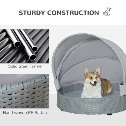 PawHut Wicker Dog Bed Rattan Pet Sofa with Adjustable Canopy Pet House Shelter for Small Dogs with Cushion Indoor Outdoor, Grey