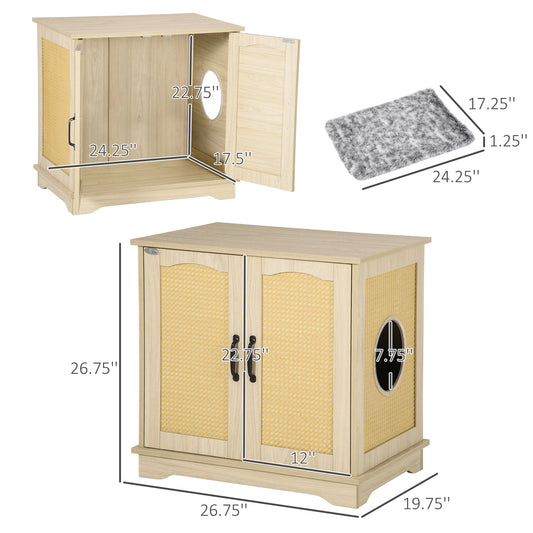 PawHut 3-in-1 Cat Litter Box Furniture Hidden, Cat Cabinet Bed, End Table with Rattan, Kitty Bed with Plush Foam Cushion, Modern Cat Bedding House with End Table Use, Oak