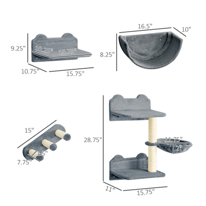 PawHut Cat Wall Shelves, with Hammock, Scratching Post, Steps, Platforms, Gray