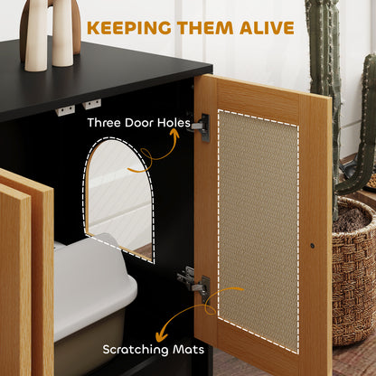 PawHut Cat Litter Box Enclosure w/ 2 Cabinets, Scratching Mats & Trays for 2 Cats or Kittens, Black