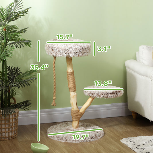 PawHut 35 Inch Modern Cat Tree for Indoor Adult Cats with Wooden Scratching Posts, Cat Bed & Rope Cat Toy, Brown