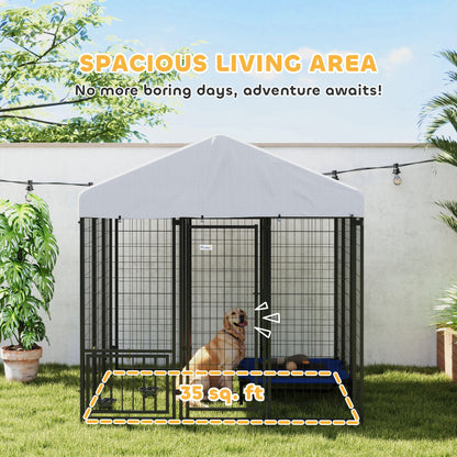 PawHut 5.9' x 5.9' x 6' Outdoor Dog Kennel with Roof, Rotating & 4-Level Adjustable Bowls