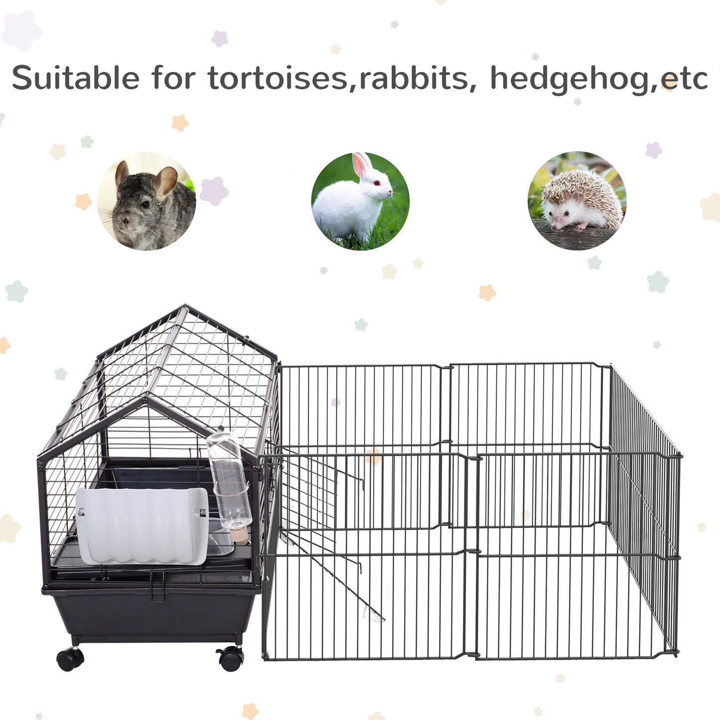 PawHut Rolling Metal Rabbit, Guinea Pig, or Small Animal Hutch Cage with Main House and Run
