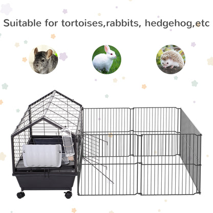 PawHut Rolling Metal Rabbit, Guinea Pig, or Small Animal Hutch Cage with Main House and Run