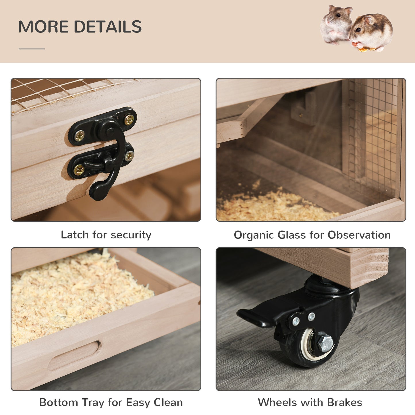 PawHut 3-Tier Wooden Hamster Cage, Small Animals Hutch with Ladders, Natural
