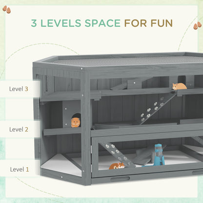 PawHut Wooden Hamster Cage Small Animal Exercise Play House 3 Tier with Tray, Seesaws, Water Bottle, Activity Center, Gray