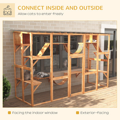PawHut Catio Playground Cat Window Box Outside Enclosure for Multiple Cats w/ Shelves & Bridges, Orange