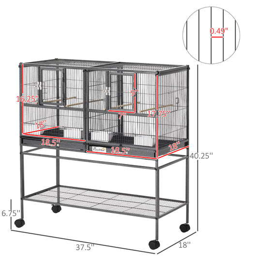 PawHut Divided Breeder Bird Cage with Rolling Stand Removable Metal Tray, Storage Shelf, Wood Perch, and Food Container