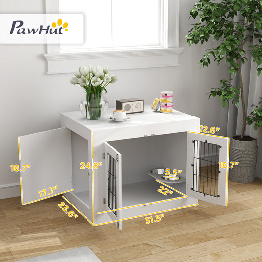 PawHut Dog Crate Furniture with 360° Rotatable Removable Dog Bowls, Dog Kennel Furniture for Medium Dogs, White