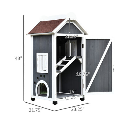 PawHut 43"H Wooden Cat House Outdoor with Hammock, Weatherproof 3-Floor Feral Cat Shelter with Escape Doors, Asphalt Roof, Inside Ladders, Gray