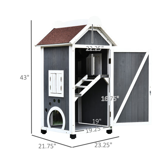 PawHut 43"H Wooden Cat House Outdoor with Hammock, Weatherproof 3-Floor Feral Cat Shelter with Escape Doors, Asphalt Roof, Inside Ladders, Gray