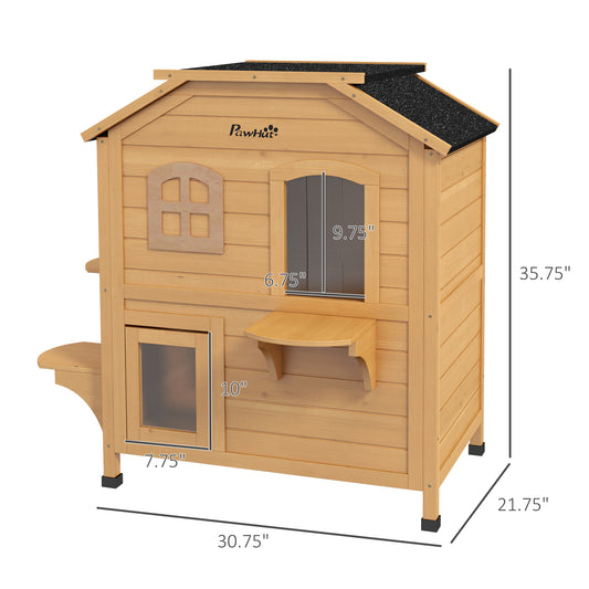 PawHut 2-story Cat House Outdoor, Weatherproof Wooden Cat Enclosure for Feral Cats with Escape Door, Openable Roof, Jumping Platforms, Natural