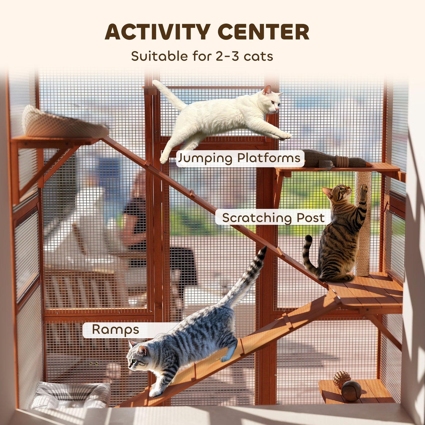 PawHut Outdoor Catio Cat Enclosure, Large Wooden Cat House with 6 Jumping Platforms, Scratching Post, 2 Ramps, for 2-3 Kittens