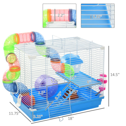 PawHut 2-Level Hamster Cage Rodent Gerbil House Mouse Mice Rat Habitat Metal Wire with Exercise Wheel, Play Tubes, Water Bottle, Food Dishes, & Interior Ladder