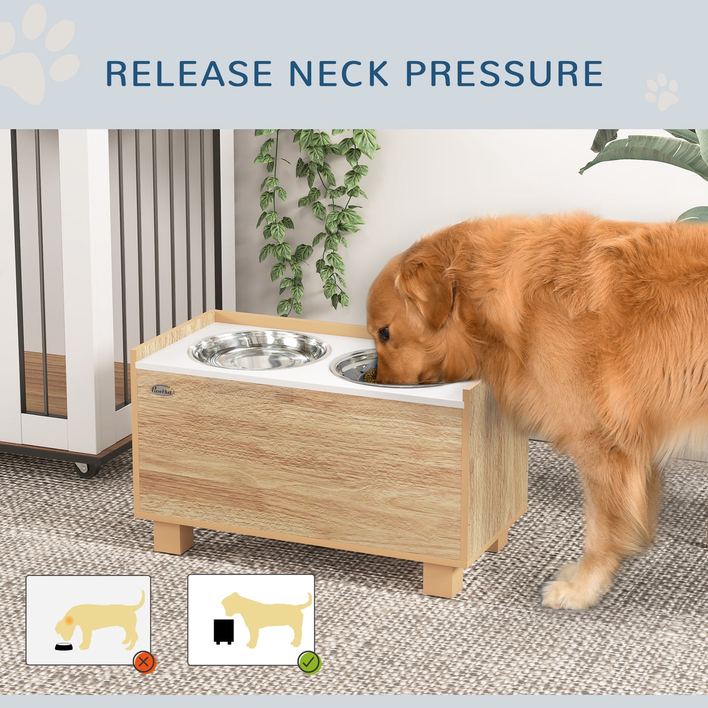 PawHut Elevated Dog Bowls with Slow Feeder Dog Bowl, Stainless Steel Food Water Bowl, Storage for Large Sized Dog, Oak