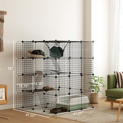 PawHut DIY 4 Tier Cat Cage Indoor with Hammock, Ramps, Jumping Platforms, Doors, Cat Enclosure for 1-3 Cats, 3 x 3 x 4, Black