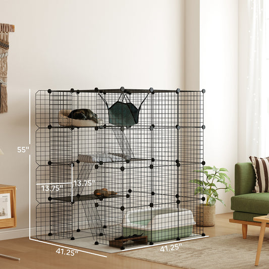 PawHut DIY 4 Tier Cat Cage Indoor with Hammock, Ramps, Jumping Platforms, Doors, Cat Enclosure for 1-3 Cats, 3 x 3 x 4, Black