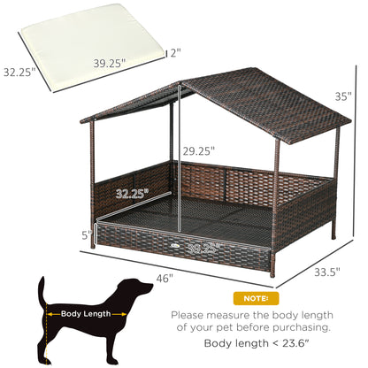 PawHut Outdoor Dog Bed with Canopy, Rattan Dog Bed with Soft Cushion Removable Cover for Medium and Large Dogs, Cream White