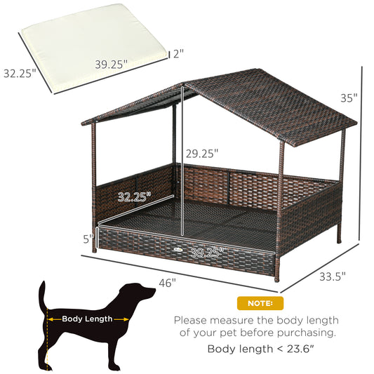 PawHut Outdoor Dog Bed with Canopy, Rattan Dog Bed with Soft Cushion Removable Cover for Medium and Large Dogs, Cream White