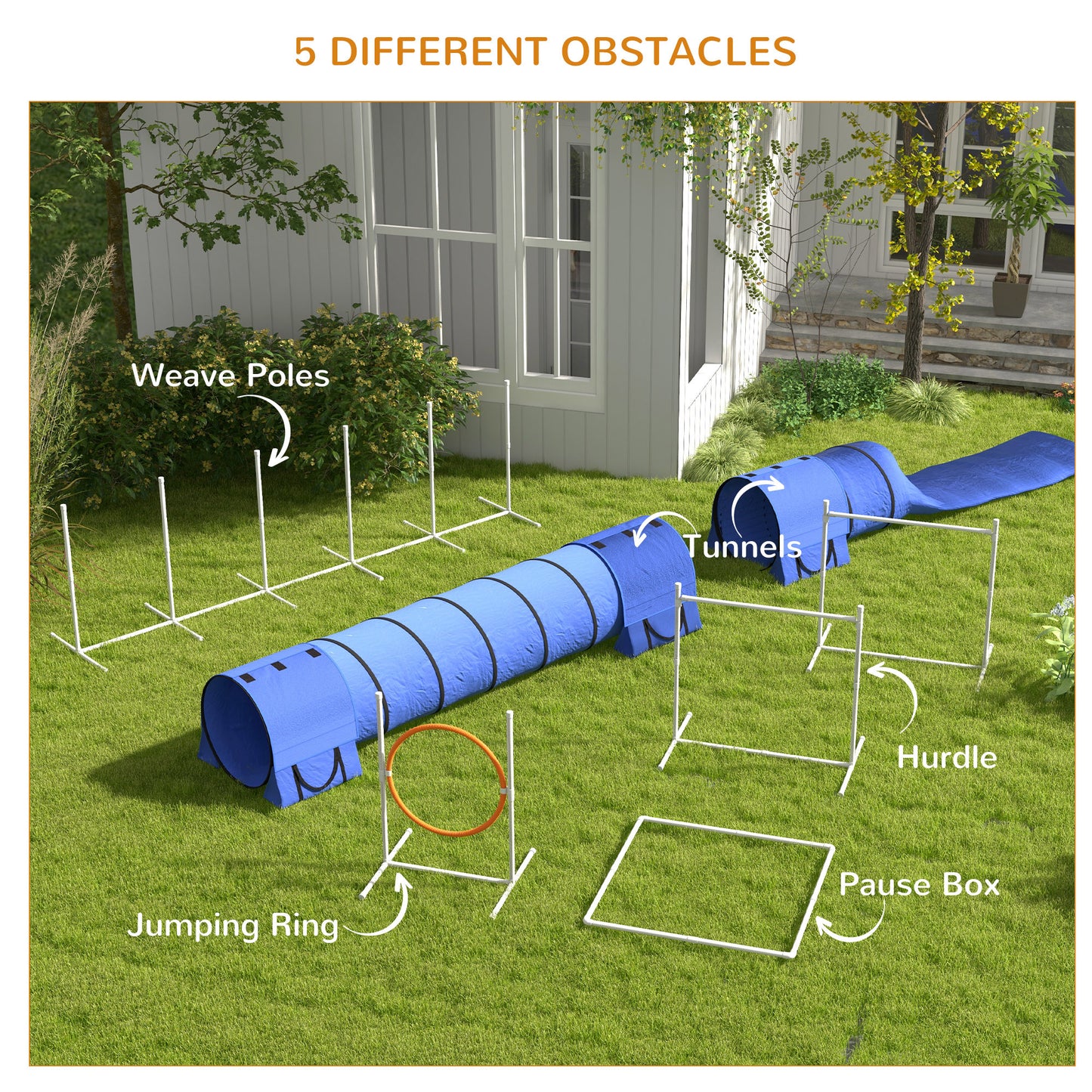 PawHut 7pc Agility Training Equipment for Dogs w/ Tunnels, Weave Poles Adjustable Hurdle, Jumping Ring, Pause Box, Blue