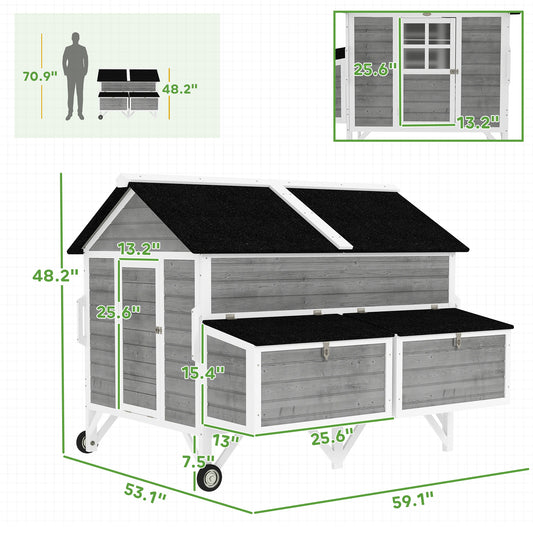 PawHut 59" Wooden Chicken Coop w/ Wheels, Handles, 2 Nesting Boxes, 2 Trays, 4 Perches, Chicken Tractor for 4-6 Chickens, Gray