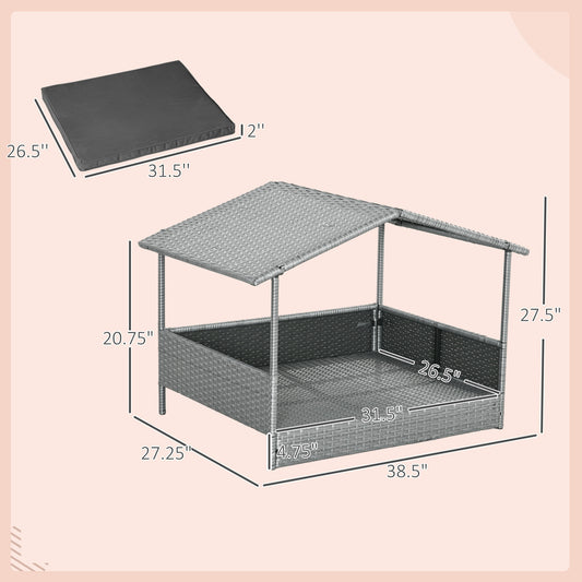 PawHut Wicker Dog House Outdoor with Canopy, Rattan Dog Bed with Water-resistant Cushion, Raised Dog Bed for Small, Medium Dogs up to 66 lbs, 19.75" in Length, Silver Wicker, Gray Cushion