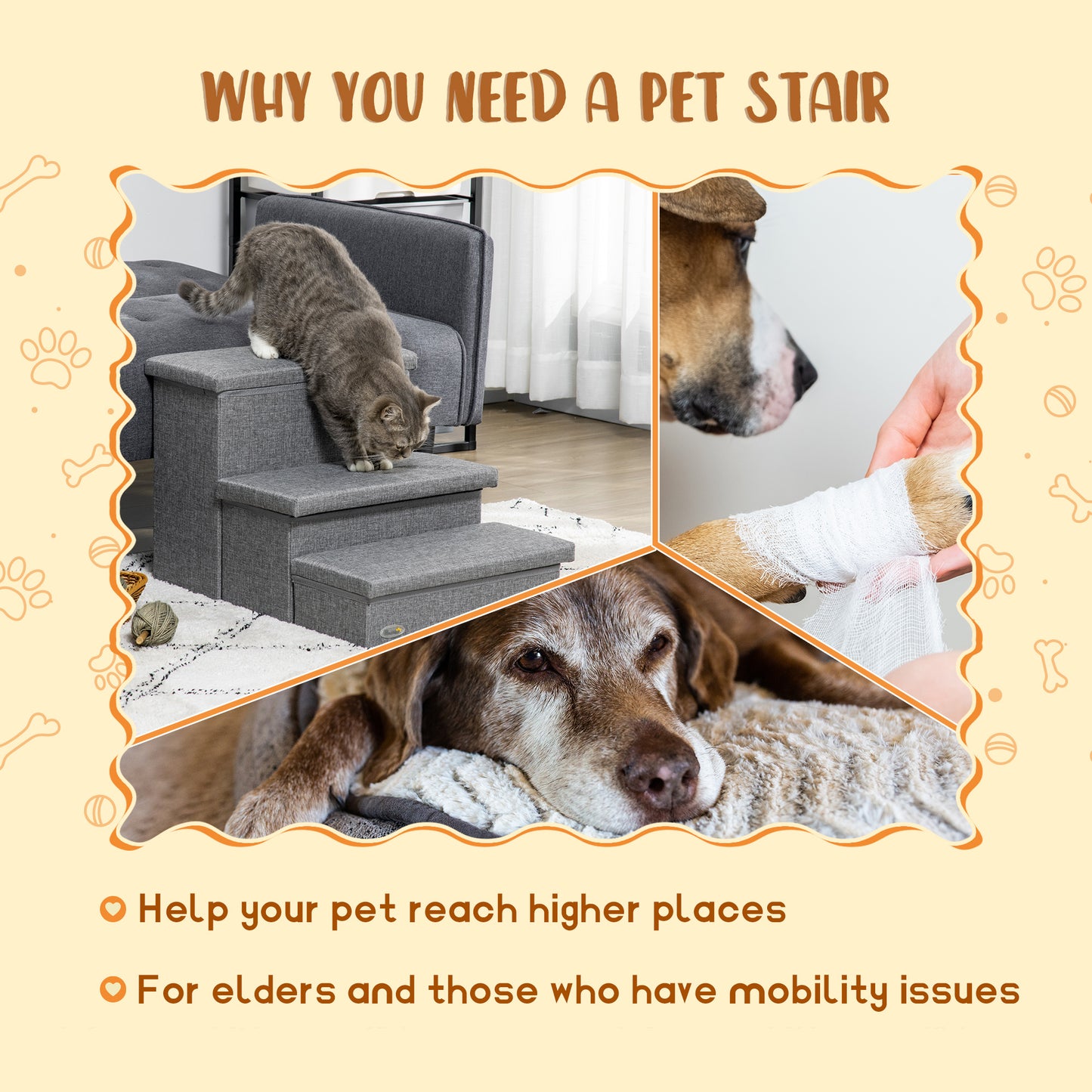PawHut 3-Step Pet Stairs with Storage, Dog Steps for Couch, Bed, Gray