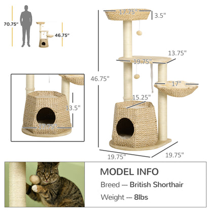 PawHut Cat Tree, 47" Cat Tower for Indoor Cats with Cattail Fluff Cat Condo, Cat Beds, Jumping Platform, Scratching Posts, Hanging Toy Ball, Natural