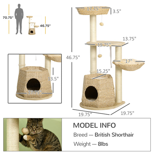 PawHut Cat Tree, 47" Cat Tower for Indoor Cats with Cattail Fluff Cat Condo, Cat Beds, Jumping Platform, Scratching Posts, Hanging Toy Ball, Natural