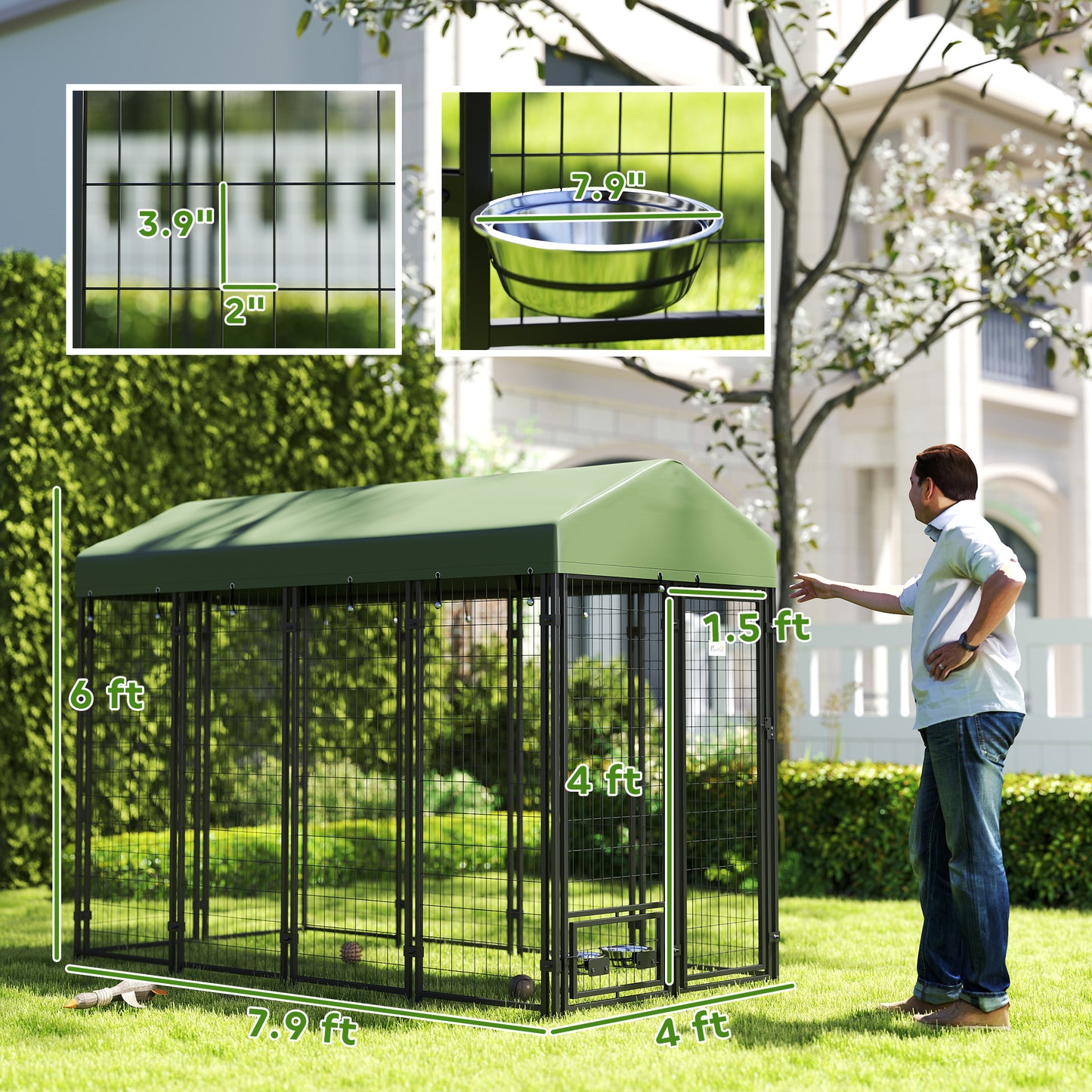 PawHut Outdoor Dog Kennel with Rotating Bowl Holders, Pet Playpen with Waterproof Cover, 8' x 4' x 6', Green