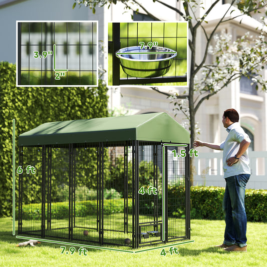 PawHut Outdoor Dog Kennel with Rotating Bowl Holders, Pet Playpen with Waterproof Cover, 8' x 4' x 6', Green