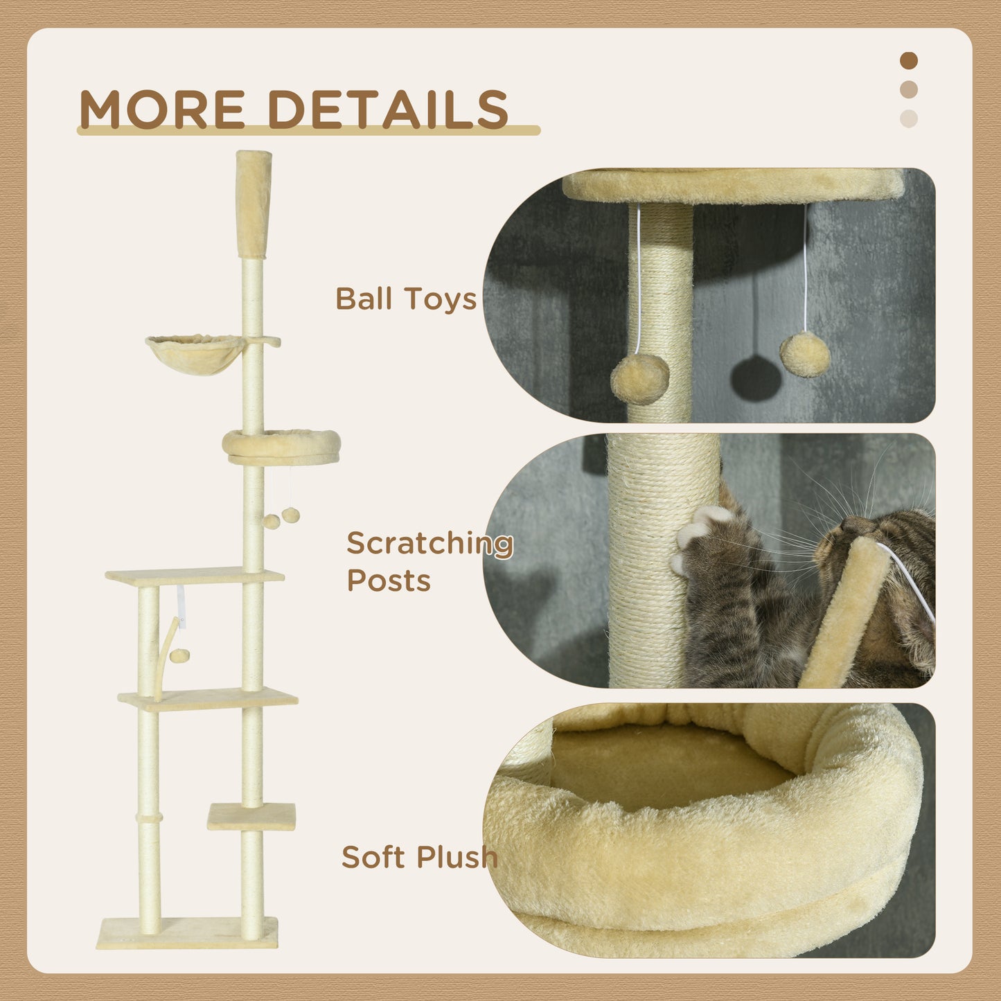 PawHut Floor to Ceiling Cat Tree, Cat Climbing Tower with Platforms, Bed, Hammock, Scratching Posts, Toy Balls, Beige
