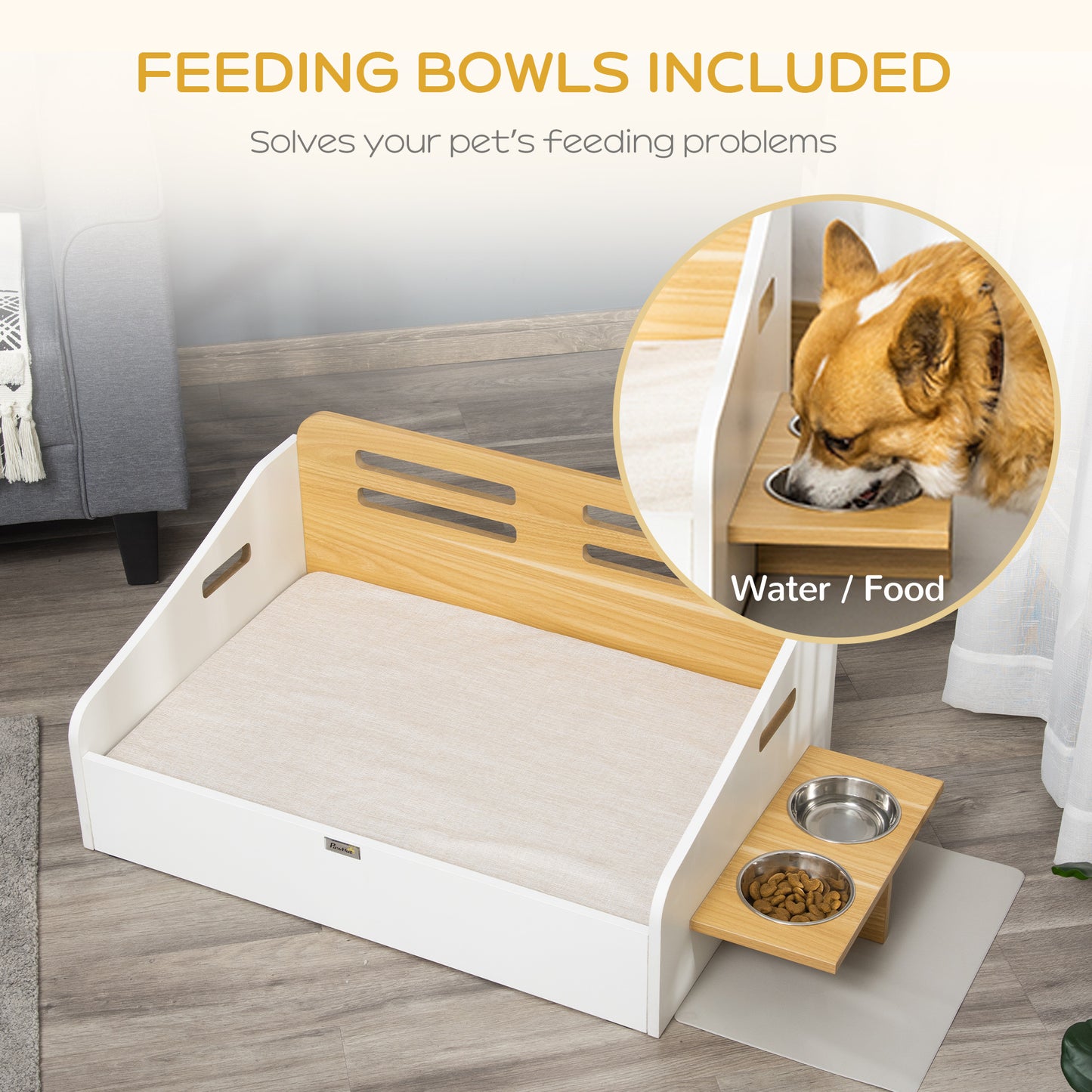 PawHut Wooden Dog Bed, Furniture Style Pet Couch, Cat Sofa with Soft Cushion, Backrest, 2 Feeding Bowls, Handles, for Small and Medium Sized Dog