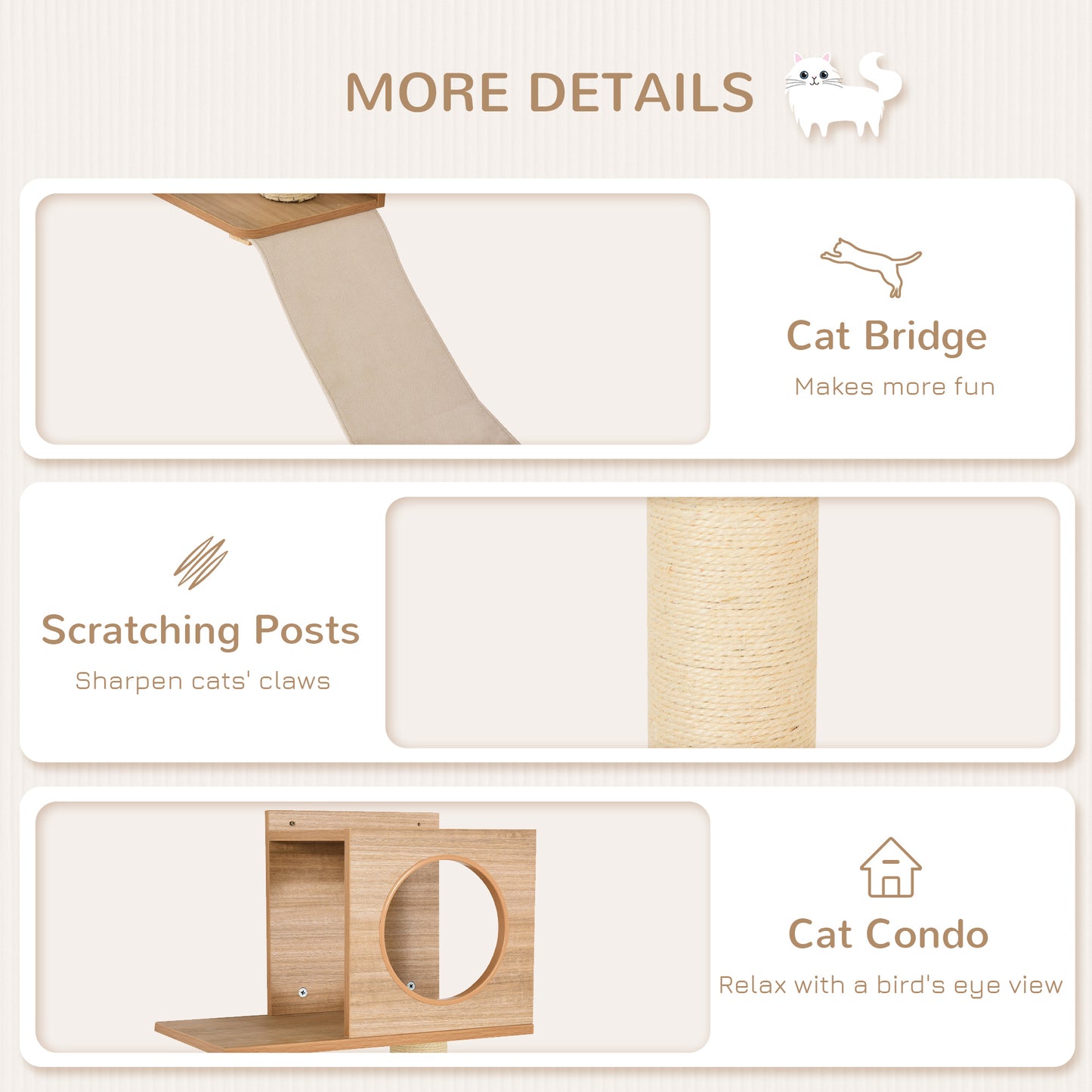 PawHut Cat Shelf for Wall, Multi Level Cat Tree Tower with Cat Condo, Sisal Scratching Posts, Cat Perches, Ladder, Cat Wall Furniture for Indoor Use