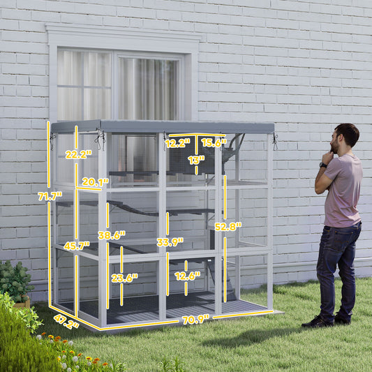 PawHut Large Outdoor Catio Cat Enclosure with Hammock, Condo, Jump Platforms, Ladders, Ramps, Tarp, for 2-4 Large Cats, Gray