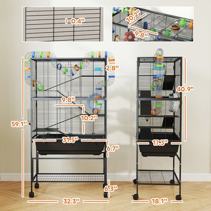 PawHut 5 Tier Hamster Cage, Rolling Rat Cage with Deep Tray, Storage Shelf, Big Exercise Wheel, Hut, Tube System